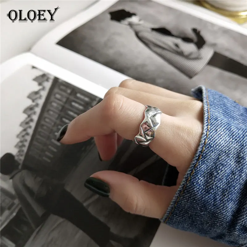 

OLOEY Pure 100% 925 Sterling Silver Adjustable Rings for Women Men Korea Vintage Braided Finger Ring Bague Fine Jewellery YMR870