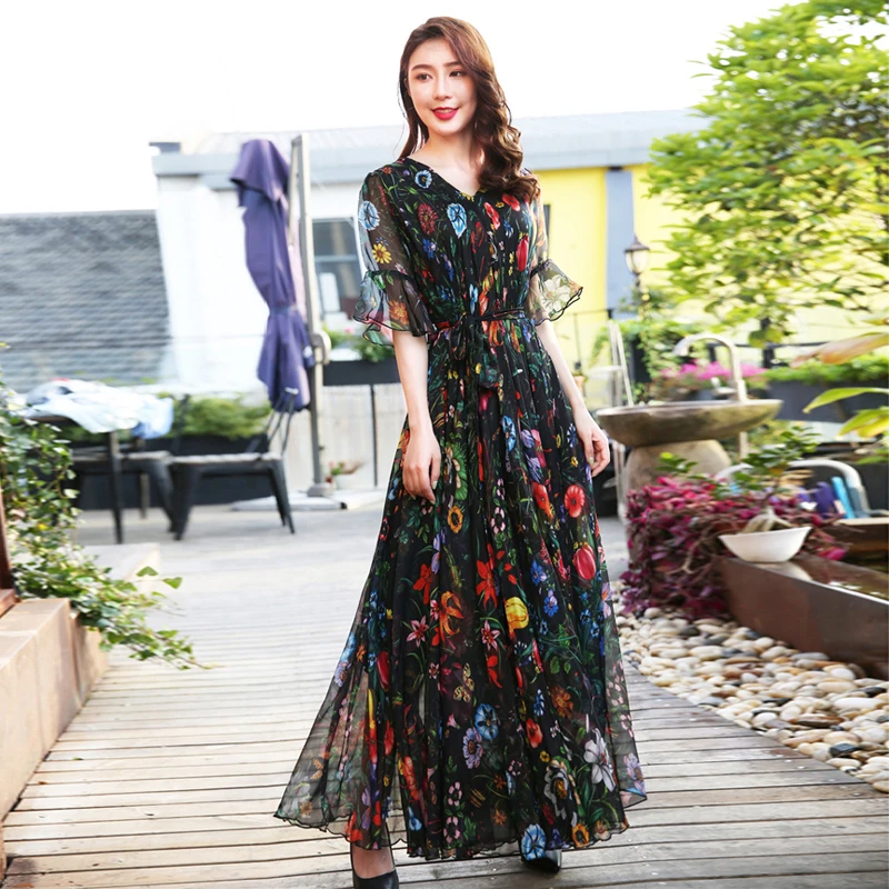 

Bell Sleeve Flowy Chiffon bohemia Summer Floral Long Beach Maxi Dress Lightweight Sundress plus size vacation Hawaii Maxi Dress
