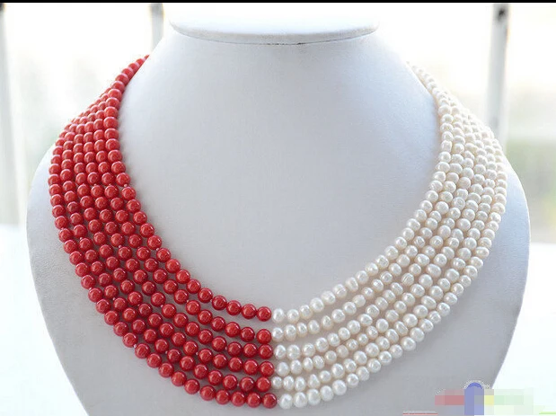 

DD Wholesale FREE SHIPPING >>> P4676 6row 6mm white round freshwater pearl red coral bead necklace