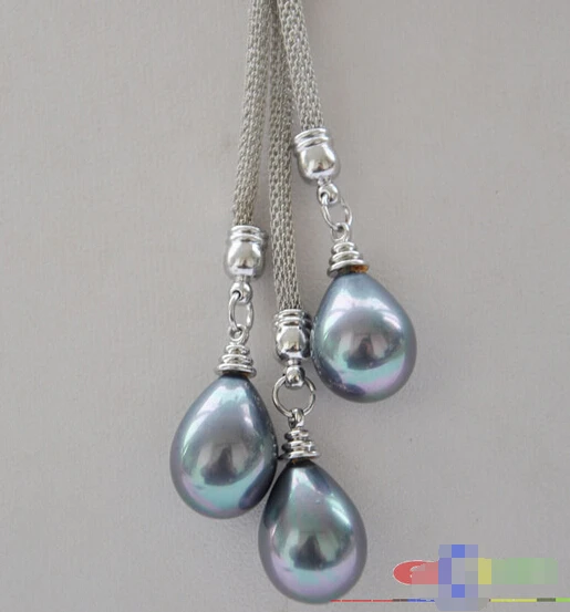 

FREE SHIPPING24" 13mm black drip south sea shell pearl Stainless steel mesh necklace