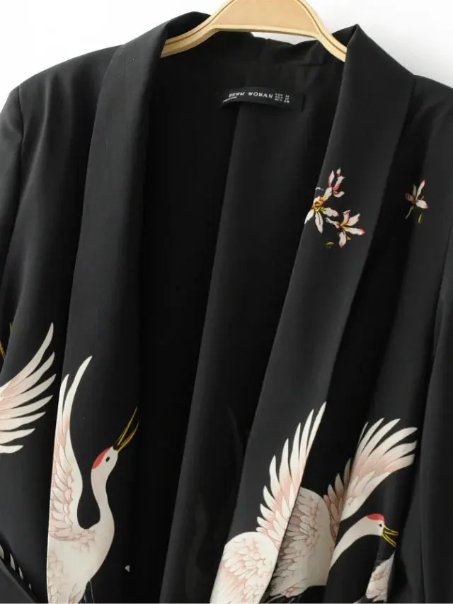 Женская куртка, модный букет с принтом Журавля, кимоно, Блейзер, женская летняя Новинка 2019, женская одежда