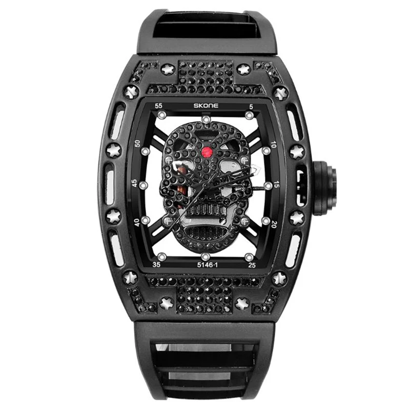 

2019 New Skone Mens Fashion Military Silicone Strap Rectangle Dial Skull Face Men Watches Wrist Watches 3D Scrub Dial Genuine