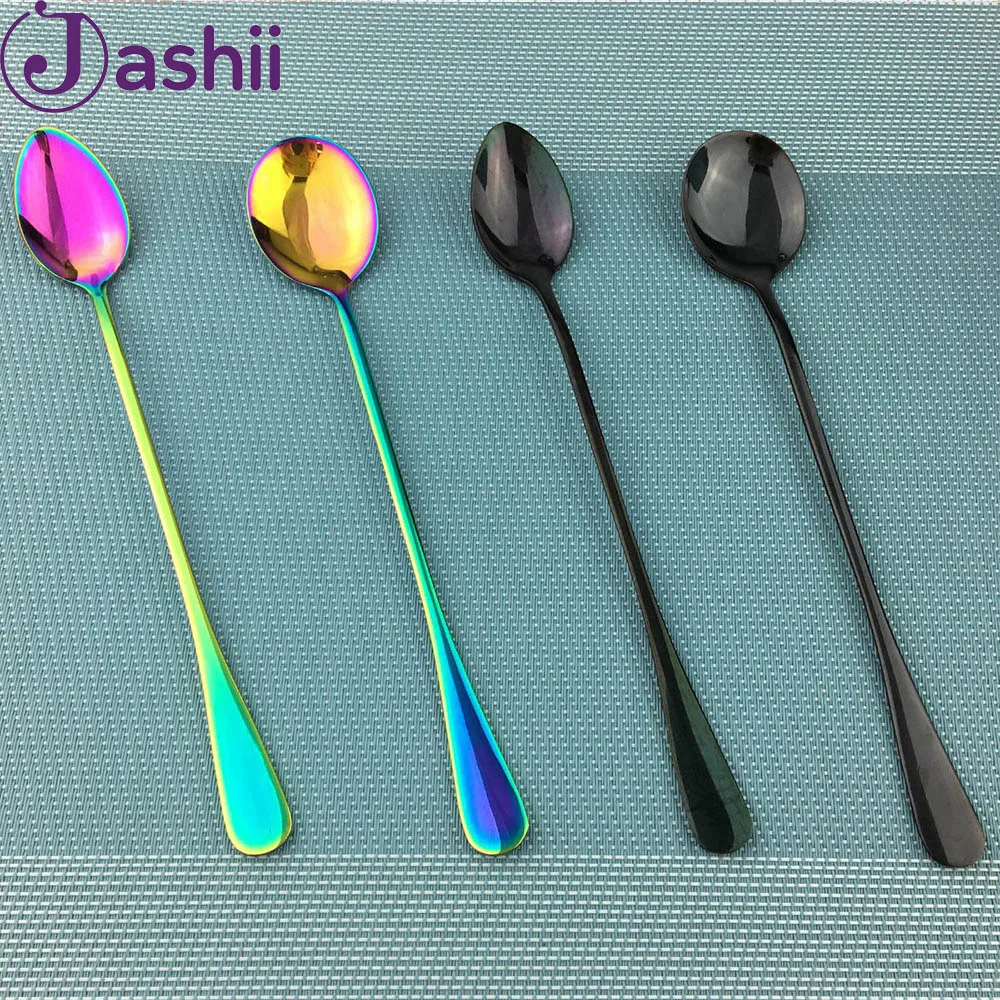 JASHII Радужная черная с длинной ручкой хорошая кофейная ложка из нержавеющей стали