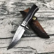 TRSKT охотничий нож из дамасской стали для выживания походные ножи, 60Hrc сталь+ эбеновая ручка спасательный Открытый нож с кожаной оболочкой