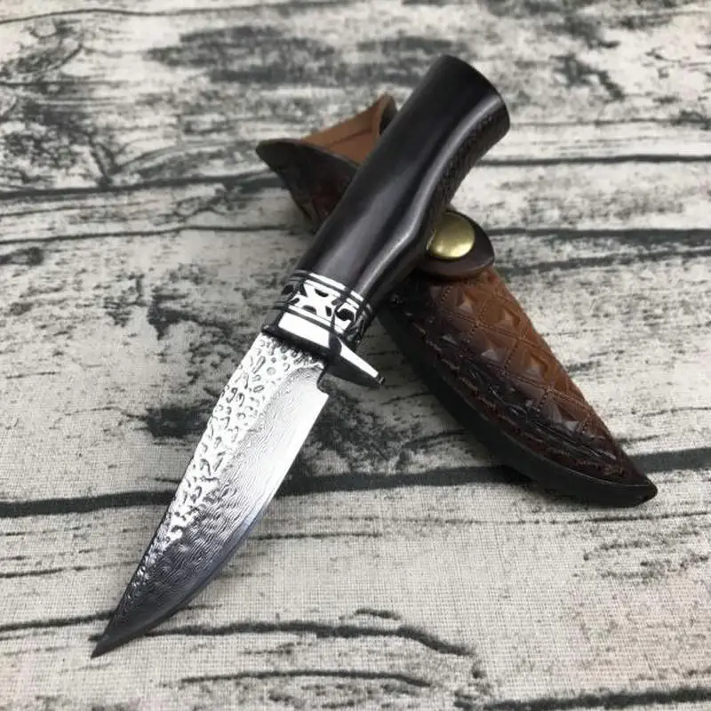 TRSKT Damascus Hunting Knife Survival Camping Knives , 60Hrc Steel + Ebony Handle Rescue Outdoor knife with Leather sheath