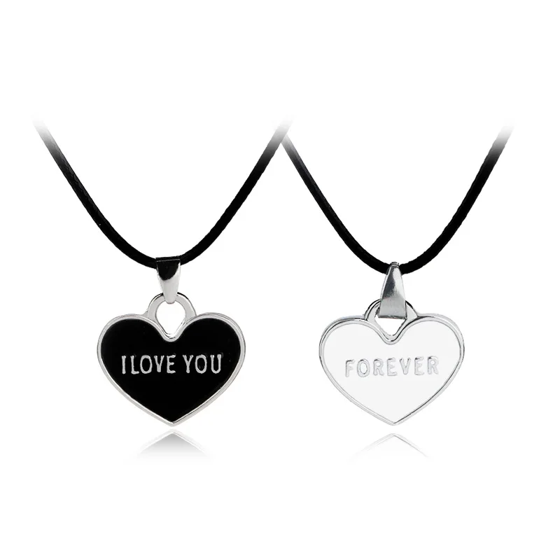 “I Love You Forever” Black And White Drop Oil Love 1 Set Necklace Couple Pendant Creative Necklace Wholesale Hot