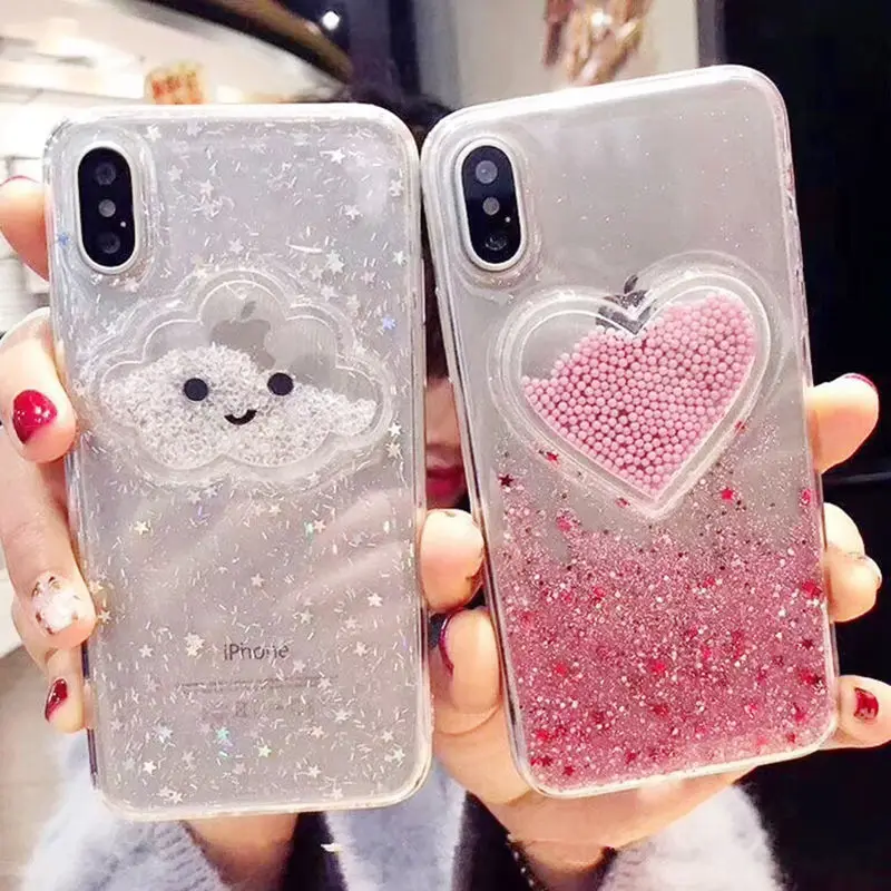 

Liquid Heart Glitter Powder Smile Face Clouds Phone Cases For iPhone X XR XS Max 6 6S 7 8 Plus Ice Cream Soft Dynamic Back Cover