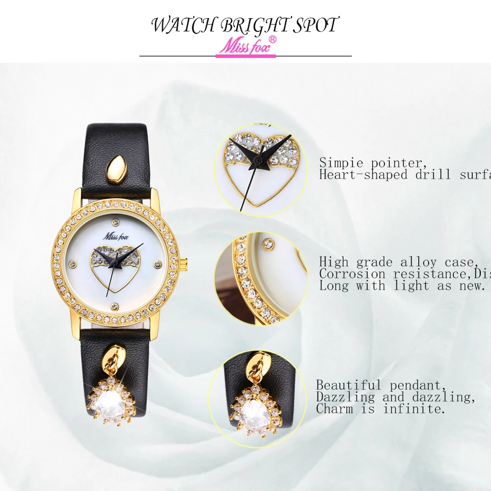 MISSFOX Miss Fox Loving Heart Pattern Womens Watch Leather Gold Waterproof Quartz Wristwatch Girl Starry Blue Stone Montre Femme (7)