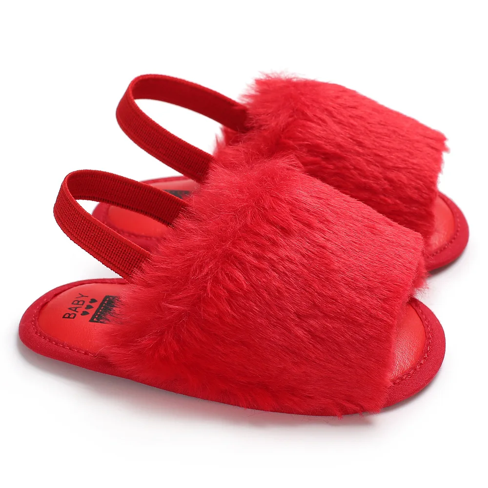 Модные новые цвета из искусственного меха для маленьких девочек Тапочки с мягкой подошвой милые детские сандалии обувь 0-18 м