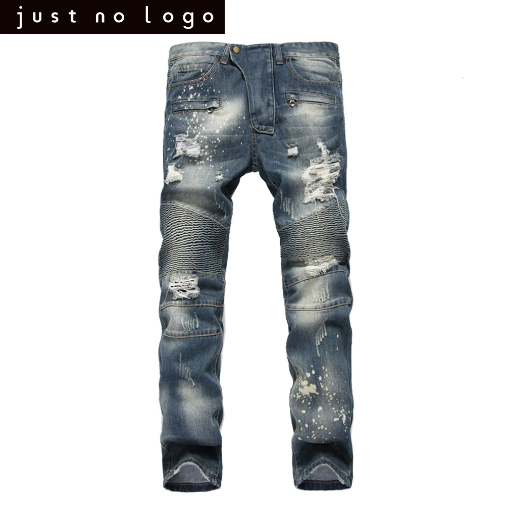 Mens Frayed Jeans Destroyed Denim Blue Pants Biker Ripped Distressed
