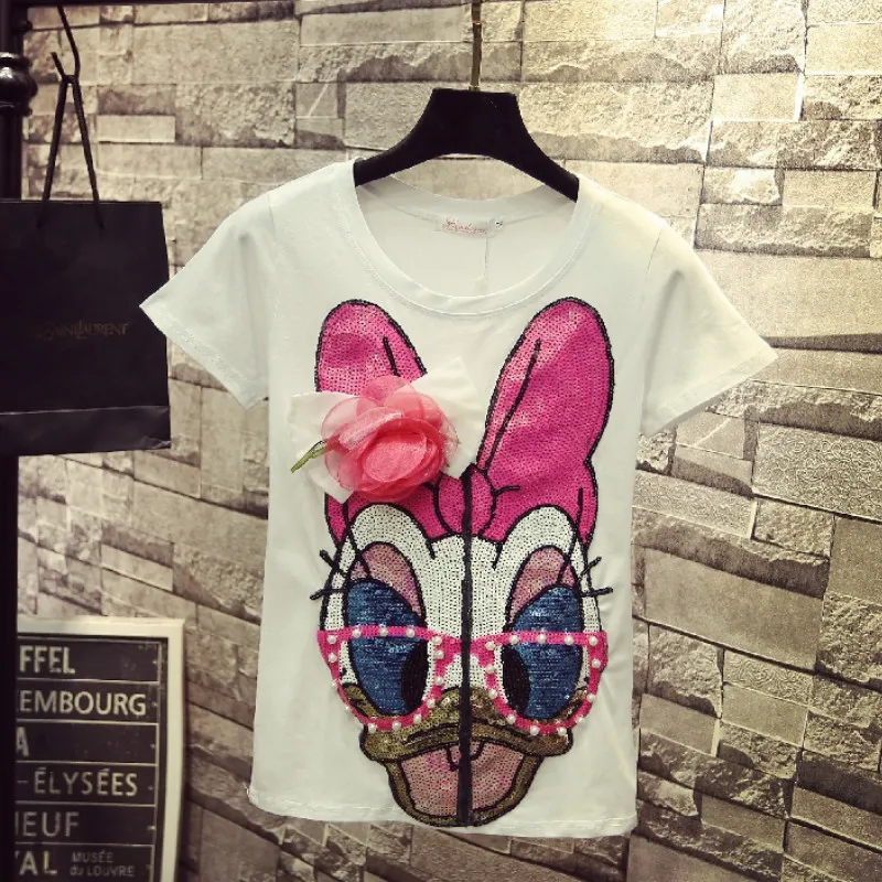 

Chic O-Neck Handmade Cartoon Duck Pattern Sequins Slim Tees 3D Flowers Beading T-shirts Short-sleeved Pearls Tops