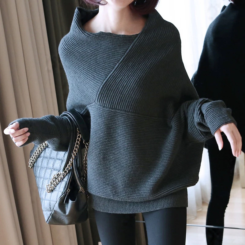 CHICEVER весна вязаный свитер для женщин Slash шеи рукав летучая мышь свободные пуловеры Топы Женская корейская мода повседневная одежда