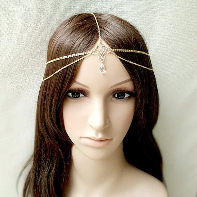 New Wedding Hair Accessories Simple Tassel Pearl Water Drop Gold Bijoux Bridal Headband Crystal Head Chain For Women