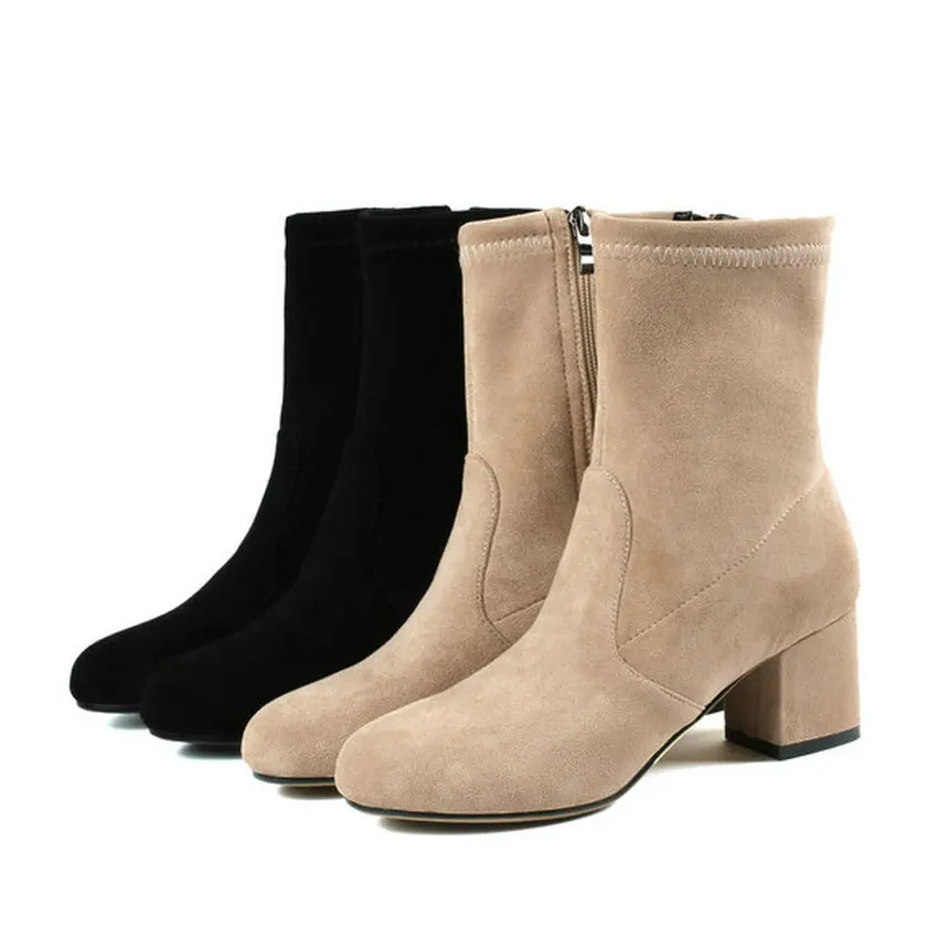 QUTAA/ Для женщин флокированные ботильоны круглый носок универсальные квадратном каблуке; изящная обувь на высоком каблуке; зимние ботинки на молнии Женская обувь большой Размеры 34–43