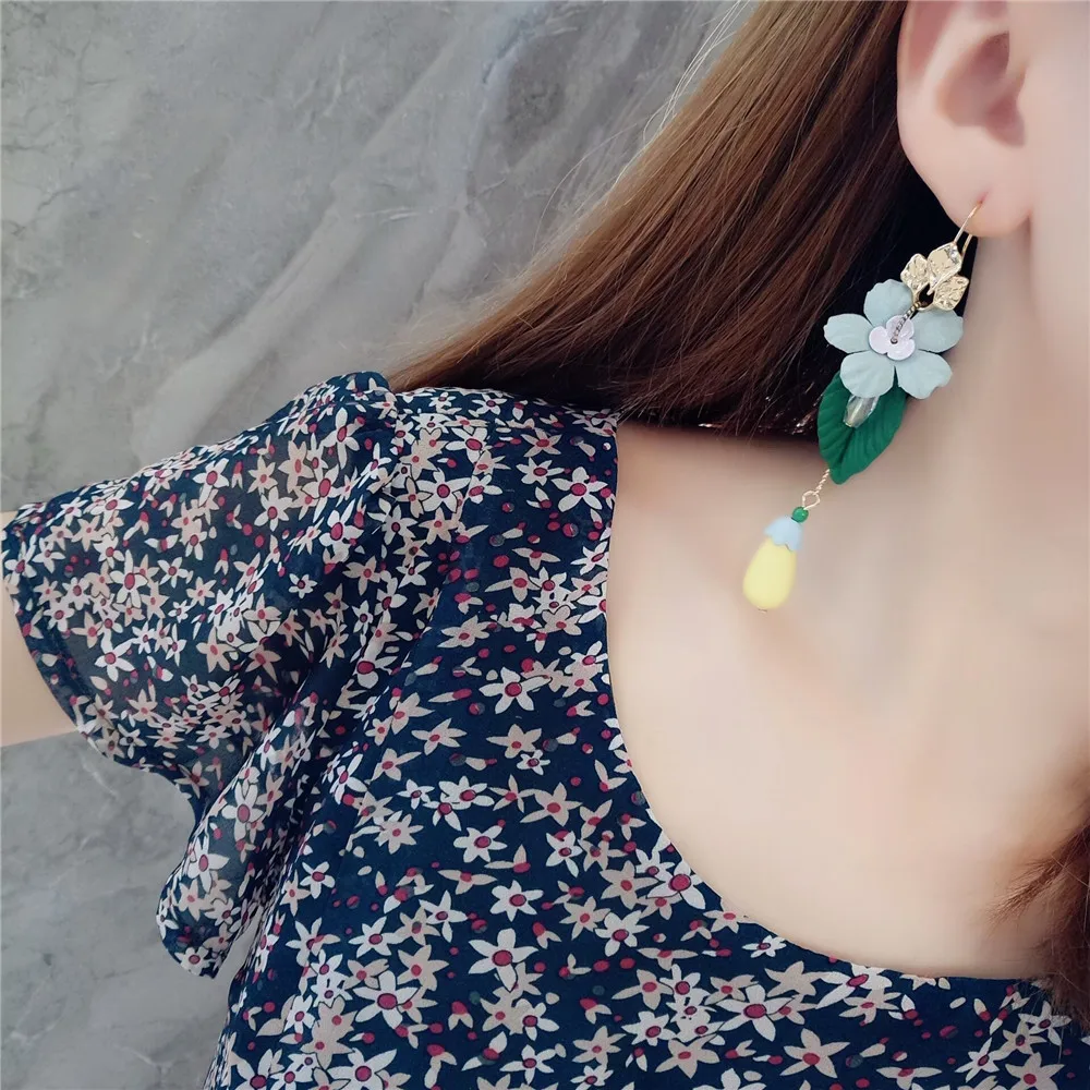 

2018 new design fashion jewelry elegant fresh earrings cloth flower leaves drop earrings for Girls Christmas gift for woman