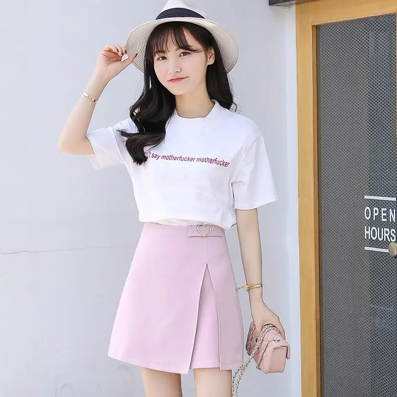 Elexs new summer high waist skirt Anti-light irregular split skirt a word skirt student pink