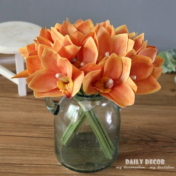 

3D Real / Natural Touch hand felt silicone Cymbidium bouquet wedding bride / bridal bouquet home decorative latex orchid flowers