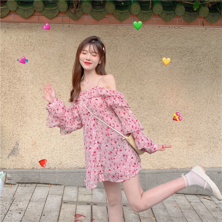 

Women's Clothing Floral korean Sweet petal Sleeve ulzzang women dress New vestidos Slash Neck strapless strap Summer Dresses