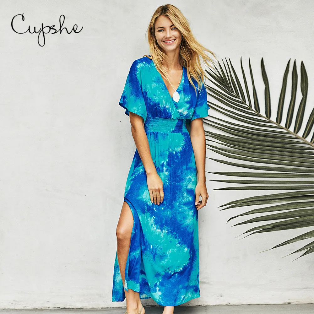 

CUPSHE Women's Elegant Blue Long Maxi Dress V neck Side Slit High waisted Sundress 2019 New Summer Smock Short Sleeve Vestido