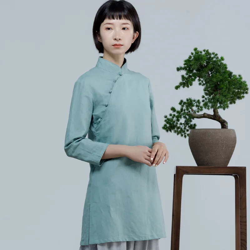 

Tea Autumn Clothes Women's Retro Plate Button Chinese Style Cheongsam Shirt Seven Sleeve Cotton Linen Clothing