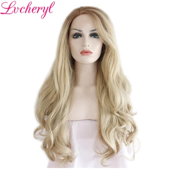 

Lvcheryl Ombre Brown To Blonde Wavy Hair Hand Tied High Temperature Fiber Glueless Synthetic Lace Front Wigs for White Women