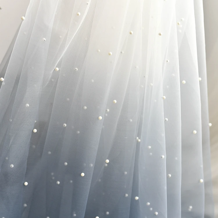 

5Yard 150cm Pearl Beaded Gradient Grey Blue Mesh Fabric For Wedding Dress Bride Veil Quality Tulle Lace Fabrics Cloth AF0090