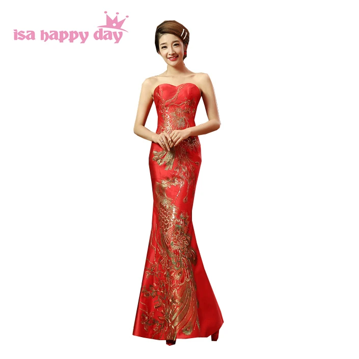 

red mermaid gown long strapless bride chinese style dress party evening engagement dresses 2019 gowns elegant for wedding W2939
