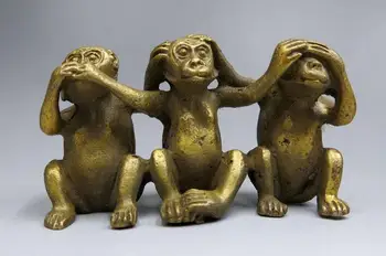 

China brass sculpture carved fine copper Feng Shui lucky three monkey Statue