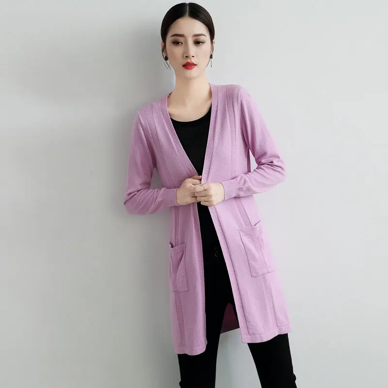 

Spring autumn NEW Female Cashmere blended knitted Cardigan Long section pure color Loose jacket fashion Cardigan Wool Sweater