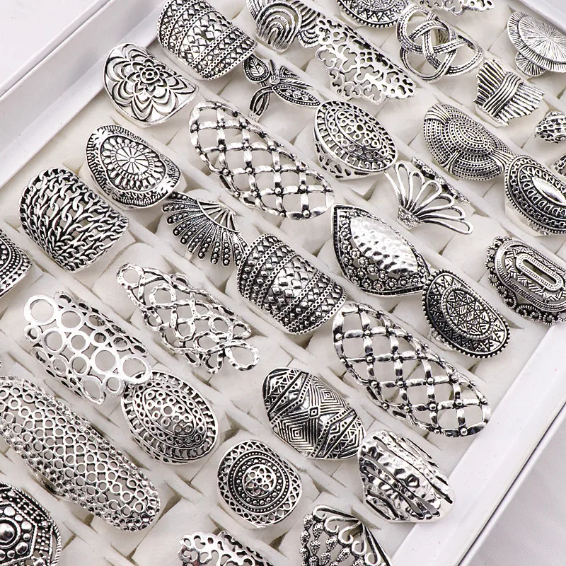 

Wholesale 20pcs/Lots Mix Style Vintage Carved Flower Silver Plated Jewelry Rings For Women Size 17mm to 21mm