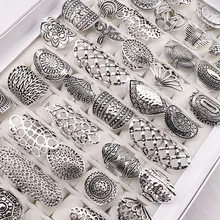 Wholesale 20pcs/Lots Mix Style Vintage Carved Flower Silver Plated Jewelry Rings For Women Size 17mm to 21mm