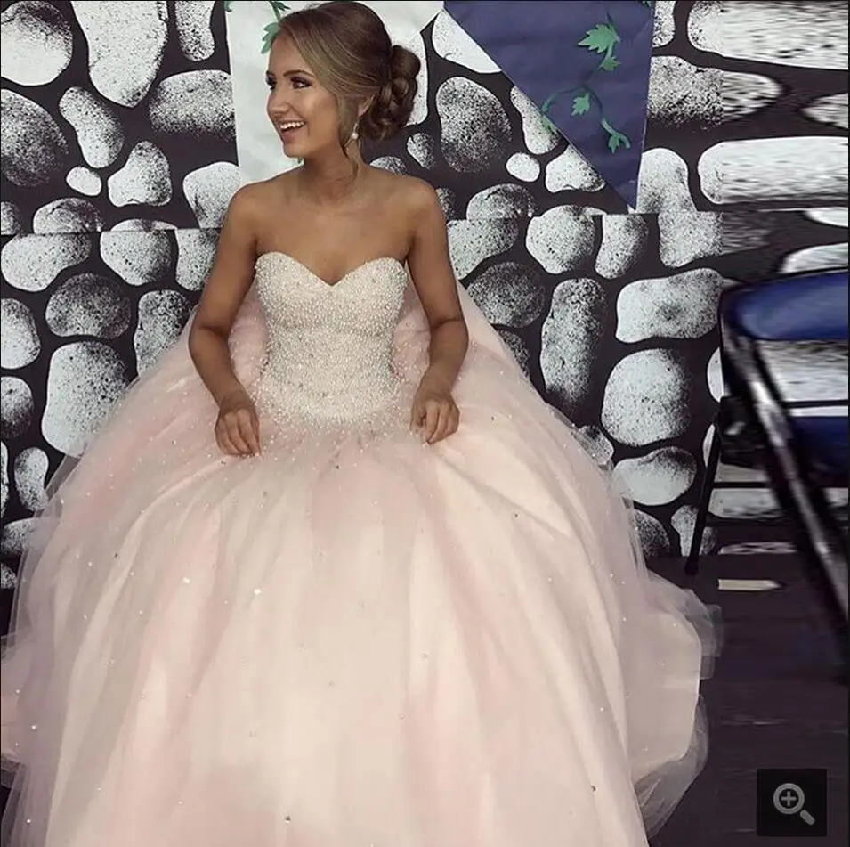 Sweet 16 ball gown light pink princess prom dress beaded pearls with