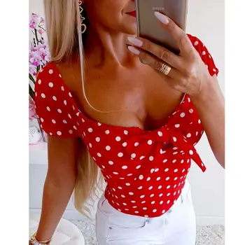 

2019 New Arrival Boho Women Summer Blouse Dot Print Short Sleeve Shirt Woman Ladies Casual Tops Elegant Streetwear Blouse Tops