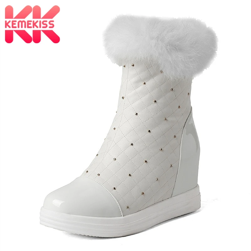 

KemeKiss Cold Winter Shoes Women Warm Fur Inside Mid Calf Snow Boots For Women Zip Height Increasing Wedges Botas Size 34-39