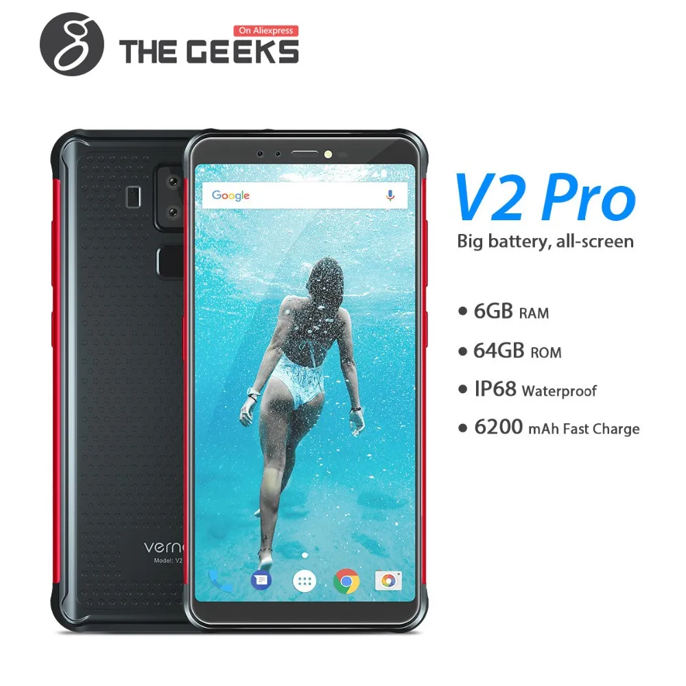 Vernee V2 Pro Водонепроницаемый смартфон с IP68 5,99 "FHD Face ID глобальной сети 6 ГБ 64 ГБ четыре Cam NFC 6200 мАч Android 8,1 мобильный телефон