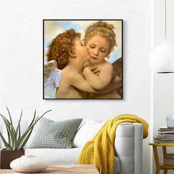 

Famous Painting Posters and Prints Wall Art Canvas Painting William Adolphe Bouguereau First Kiss Pictures for Living Room Decor