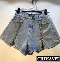Европейская Новинка 2019 года; летние женские джинсовые шорты с высокой талией и тяжелыми бусинами; узкие джинсовые шорты с разрезом;