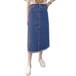 Джинсовые юбки для Для женщин 2019 Новый Высокая Талия Юбки формы А плиссе до середины икры Harajuku одноцветное цветные юбки женские #1005