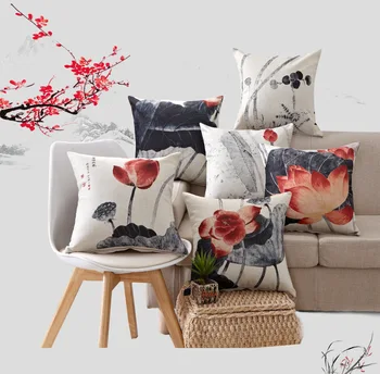 

1PC China wind lotus cushion linen cotton embrace pillowcase with core car sofa chair waist pillow OU 037