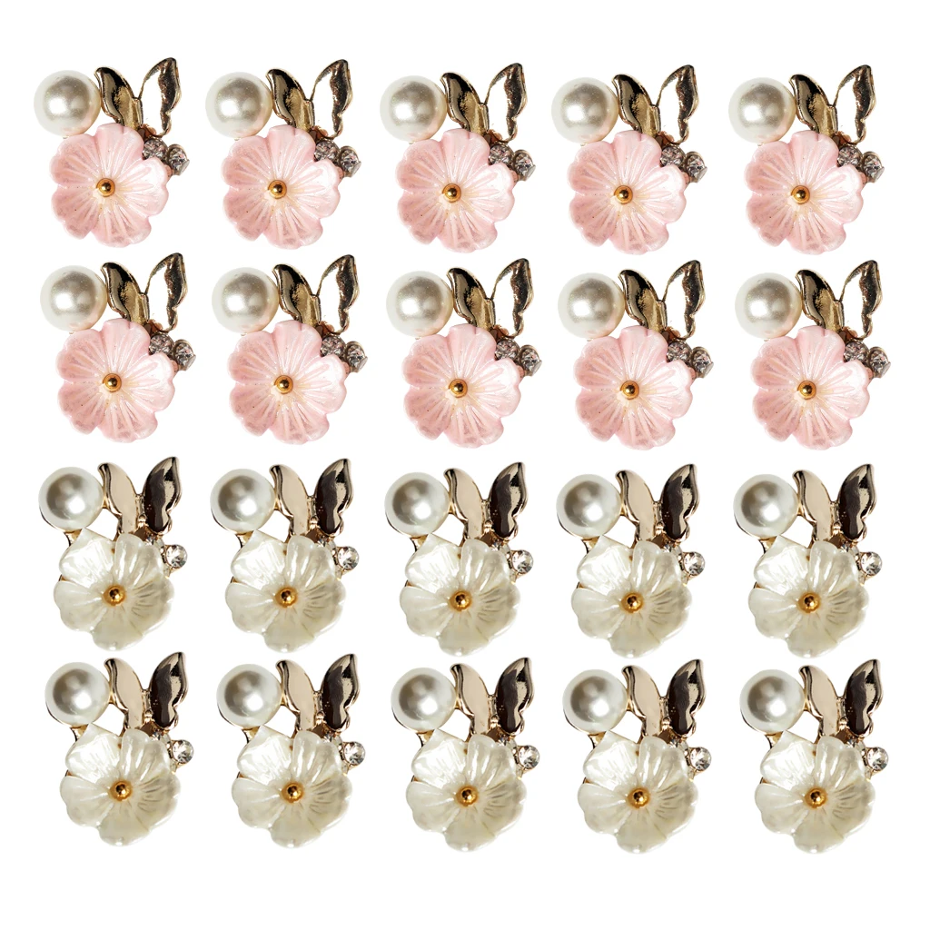 20pcs Mix Gold Base Metal Butterfly Rhinestone Pearl Buttons Flatback Hair Embellishment Button Hairbow Center Decoration Craft