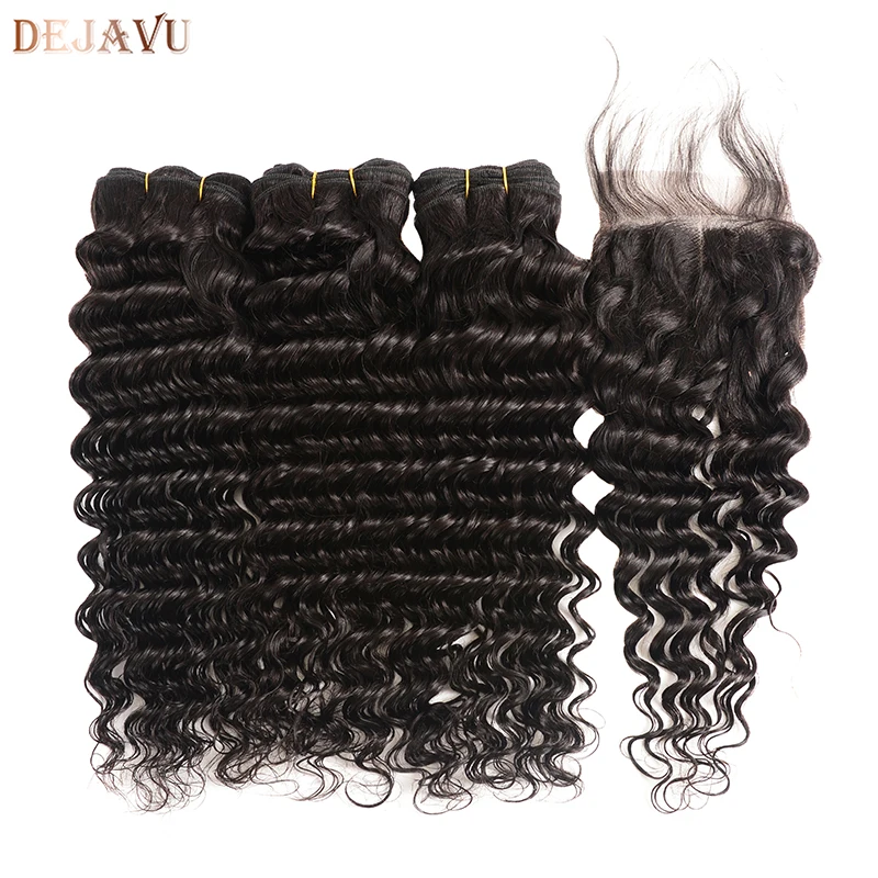 Brazilian Deep Wave 3 Bundles With Closure Human Hair Bundles With Closure Non Remy Hair Extension Dejavu Hair Weave Bundles (3)
