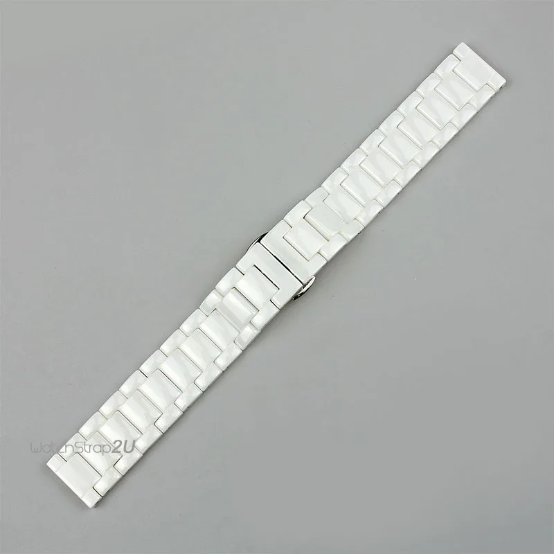 

16 18 19mm White Ceramic Links Bracelet Watch Band Strap Push Button Double Deployant clasp