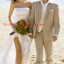 Изготовленный на заказ костюм жениха на двух пуговицах Бежевый смокинги лучшие мужские для шаферов костюмы для выпускного вечера мужской костюм свадьба(пиджак+ брюки+ жилет+ галстук