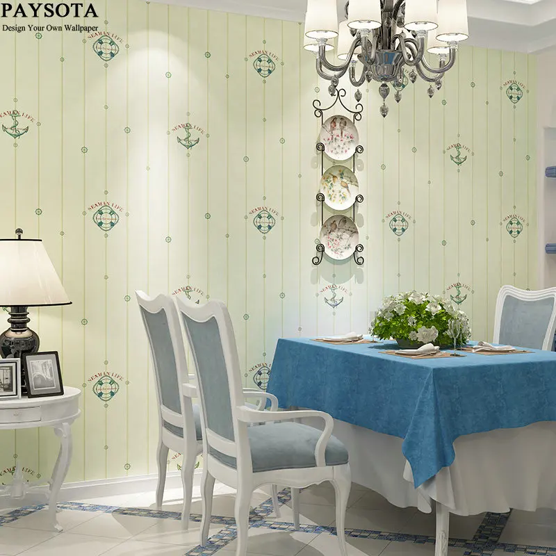 

PAYSOTA Mediterranean Style Environmental Non-woven Wallpaper Vertical Stripes Children Room Bedroom Background Wall Paper