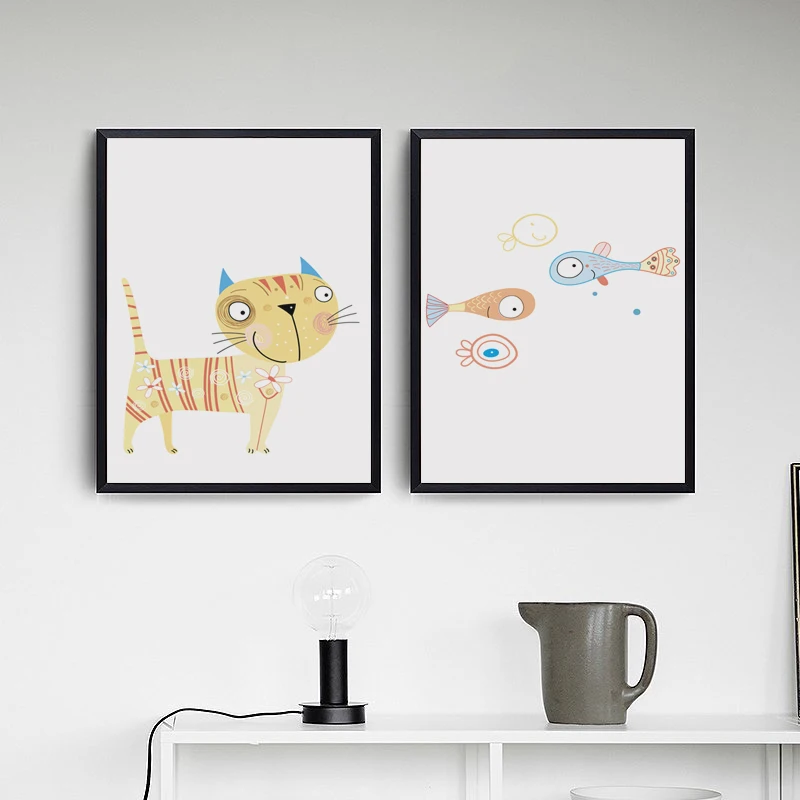 Elegante-Poesia-Moderna-Nordic-Gato-e-Peixes-Dos-Desenhos-Animados-Impress-o-Da-Arte-da-Pintura (3)