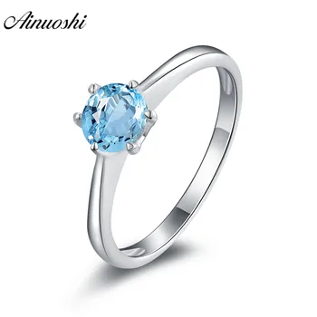 

AINUOSHI Natural Blue Topaz Gemstone Ring Engagement Wedding Ring 925 Silver Jewelry 6 Prongs 0.63ct Round Cut Solitaire Ring