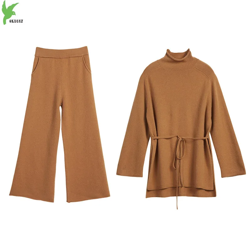 

OKXGNZ Women Sweater Set Wool Cashmere Wide Leg Pants Suit 2 Piece Set Women Turtleneck Top Bandage Women Suit Two Piece Set