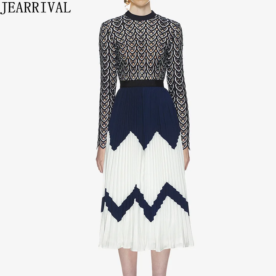

Runway Designer Patchwork Lace Dress 2019 Spring Fashion Womens Hollow Out Slim Casual Pleated Midi Dress Vintage Party Vestido