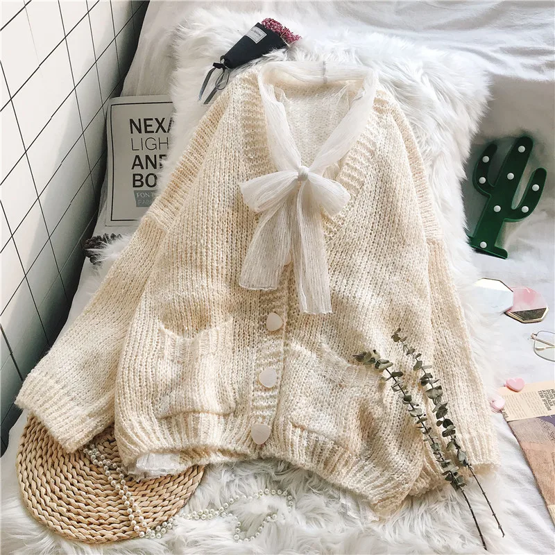 

solid knitted women sweater and cardigan pockets v-neck loose lady female elegant outwear coat tops