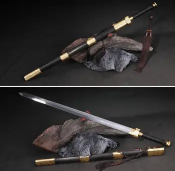 

Full Hand Carved Brass Knife fitted High Quallty Chinese WuShu/Kungfu Sword Full Tang Folded Pattern Steel Blade/Ebony Wood Saya